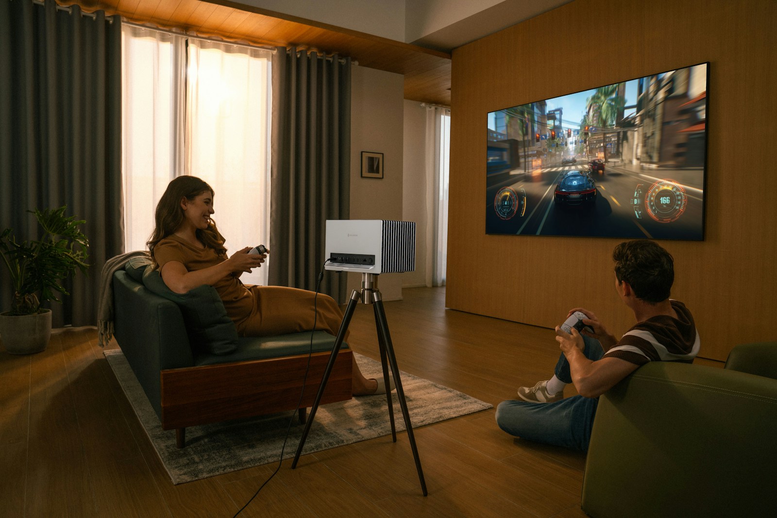 People enjoy gaming on a projected screen.